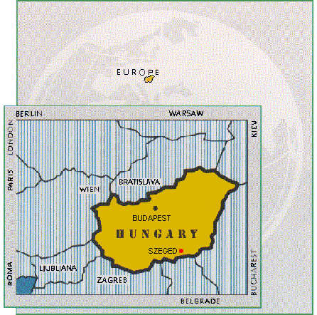 A map showing Europe, Hungary and Debrecen